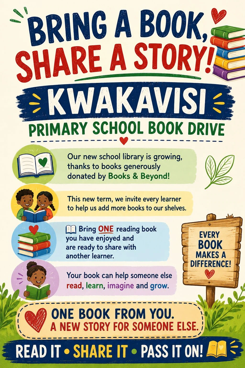 The Kwakavisi book drive poster — "Bring a book, share a story", inviting every learner to add one book to the new library shelves