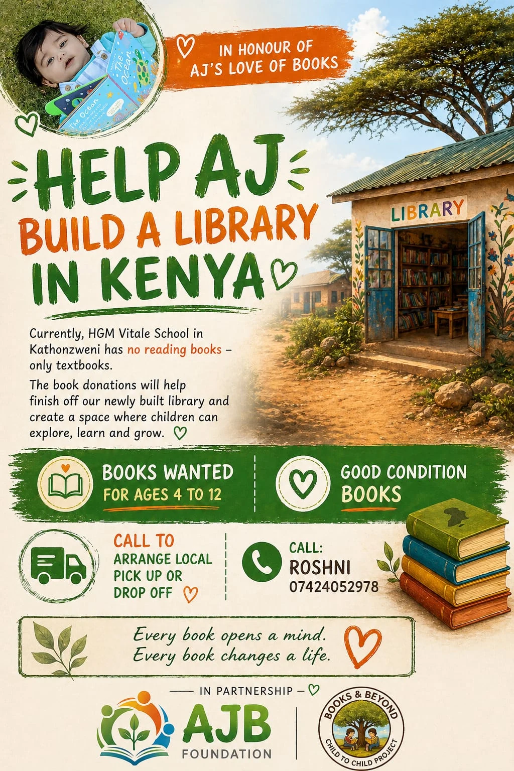 Appeal poster in honour of AJ, for a library at HGM Vitale School in Kathonzweni, showing an illustrated village library and a contact number for Roshni