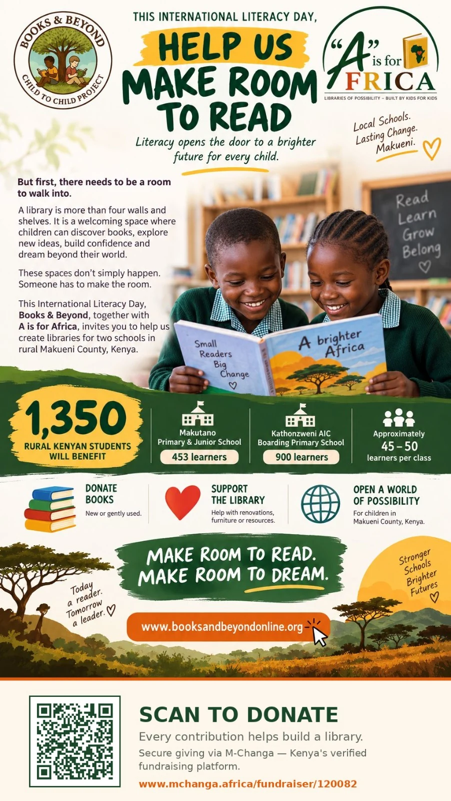 International Literacy Day appeal from Books & Beyond and A is for Africa, for libraries at two schools in Makueni County, with learner numbers and a QR code for donations