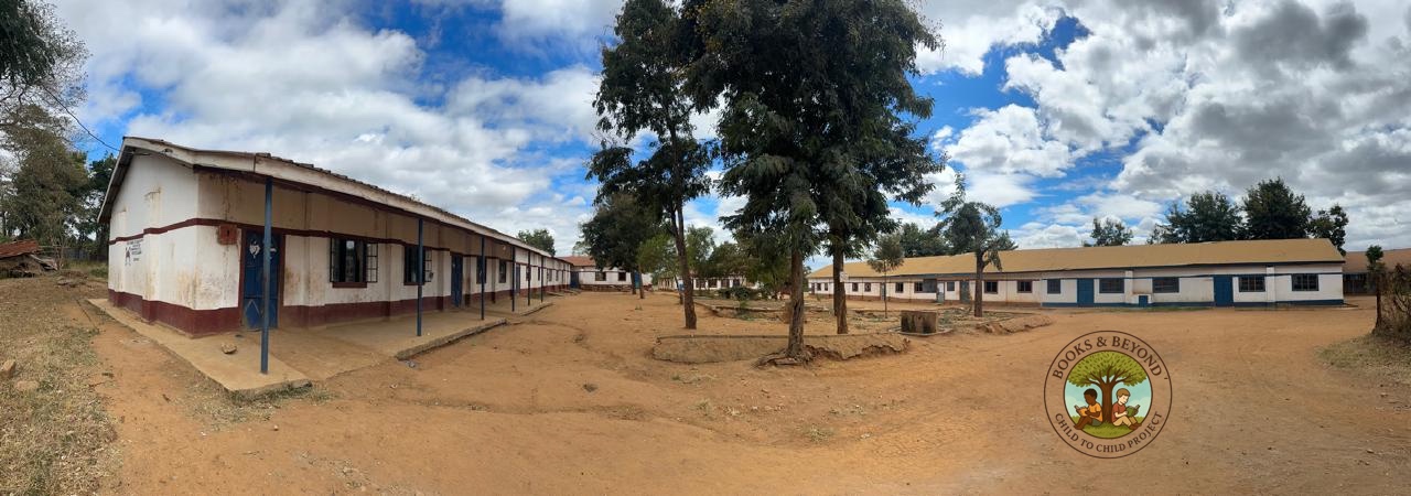 The school compound — open grounds, established trees, and classrooms stretching into the distance. A community with space, waiting for investment.